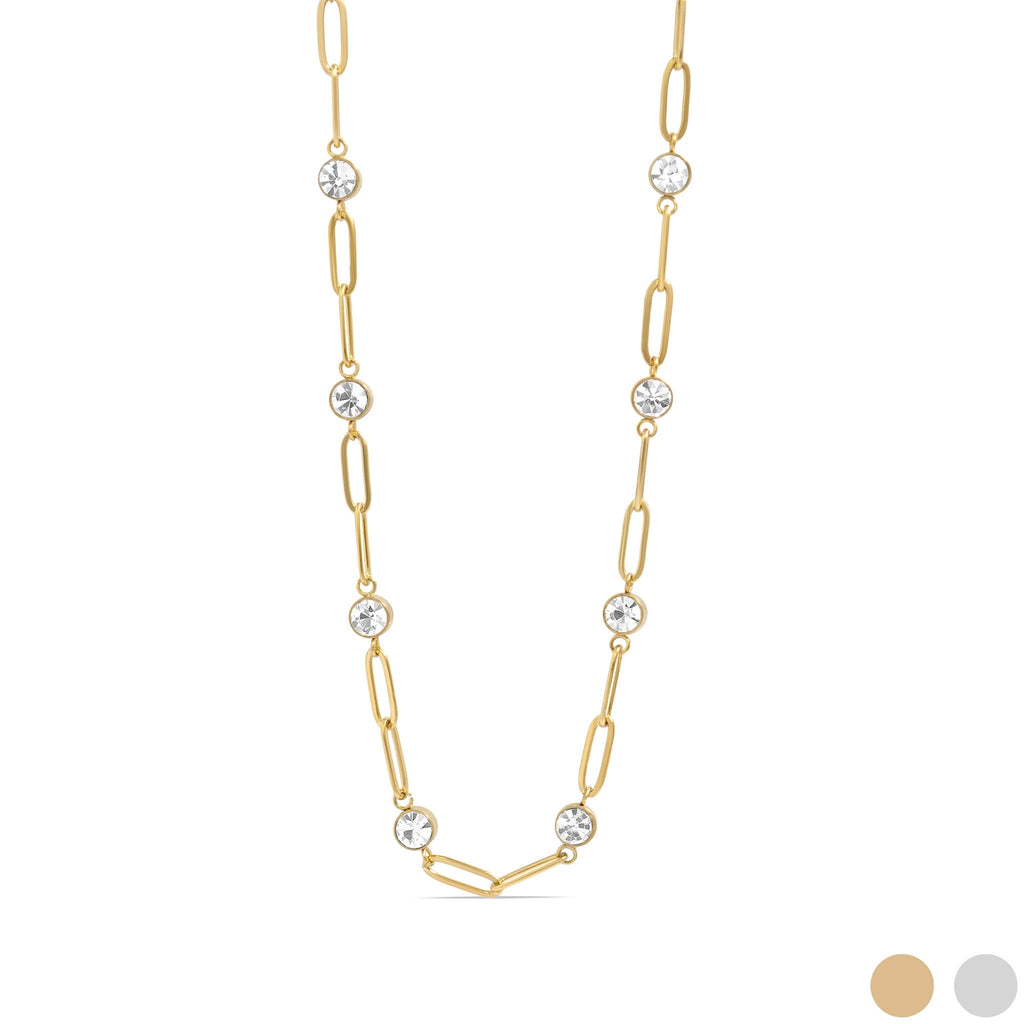 Collier Éclat doré à maillons trombone et pierres de cristal sur fond blanc