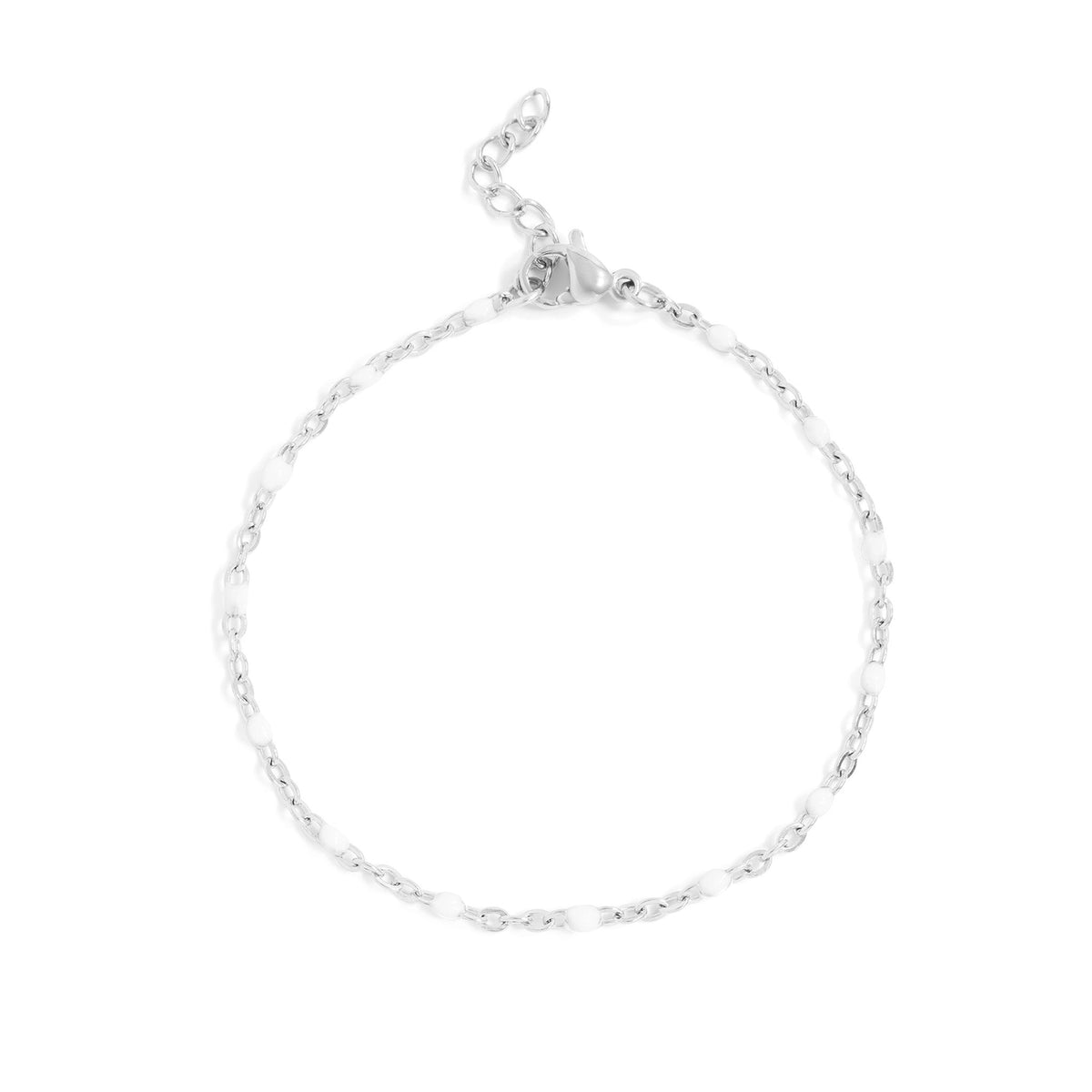Bracelet Confetti Blanc argenté avec chaîne de rallonge sur fond blanc